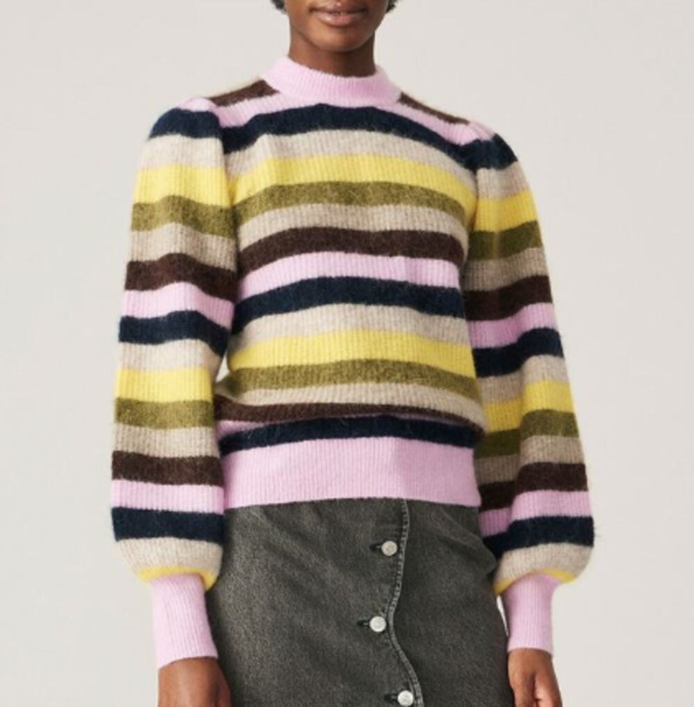 GANNI Puff Sleeve Striped Sweater Womens Size S Lilac Yellow Alpaca Merino Wool